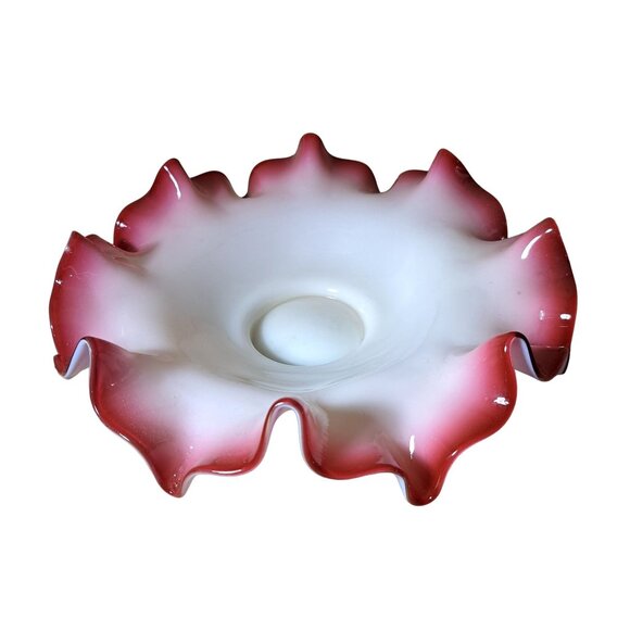 Antique Victorian Bride Basket Ruffle Edge Glass Bowl White Pink Centerpiece - Picture 1 of 6